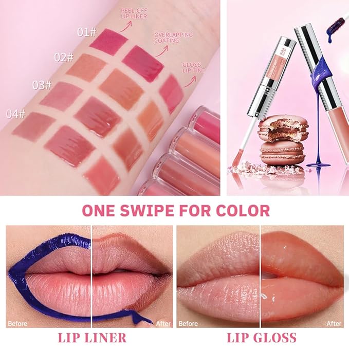 Peel Off Lip Liner & Gloss,Long-Lasting Smudge-Proof Warm Caramel Nude Lip Tint&Lip Stain Liner Hydrating High Shine Gloss for Defined, Fuller Nude Lips Waterproof, Transfer-Proof Soft Glam Lip Makeup