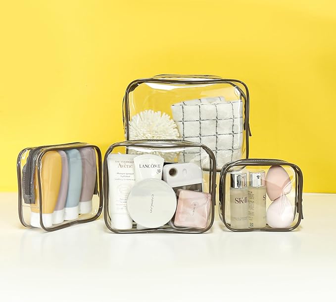 TSA Approved Toiletry Bag - Clear Makeup Bag Waterproof Quart Size Bag, Travel Makeup Cosmetic Bag for Women Men, Carry on Airport Airline Compliant (Coffee, Pack of 4)