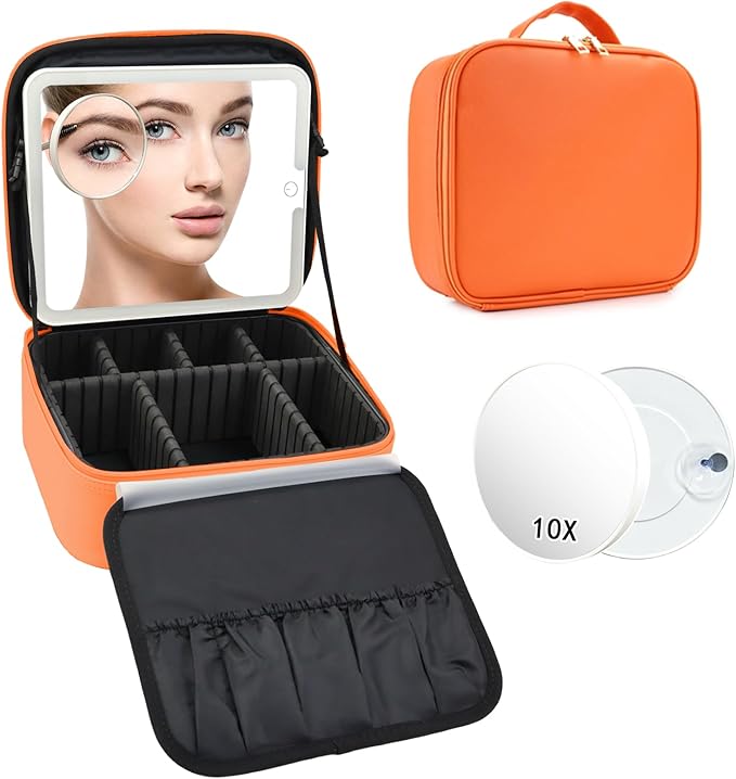 SLUMAZI Travel Makeup Bag with LED Mirror and 10x magnifying glass with 3 Lighted Settings, Adjustable Dividers and Makeup Brush Storage Bag Orange