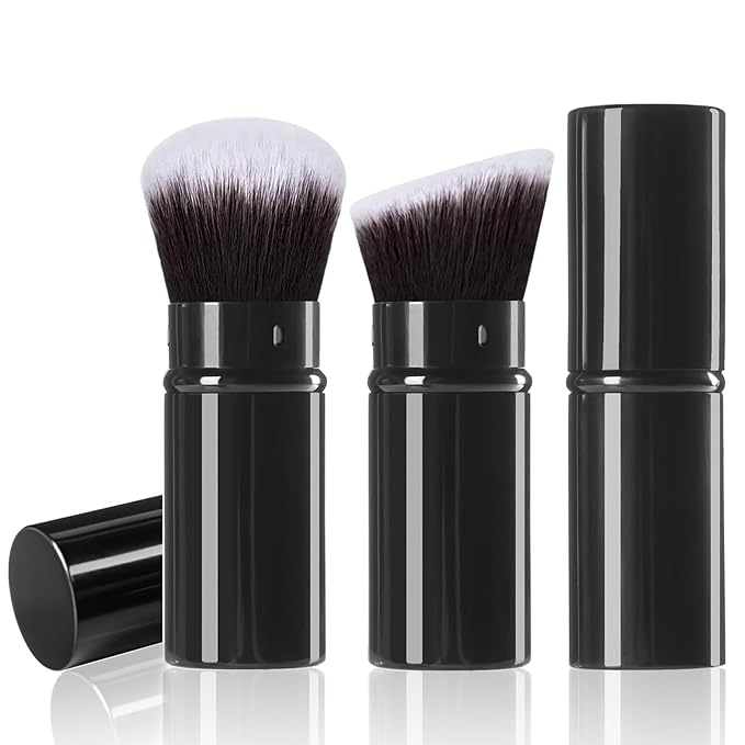 Keriloo Retractable Kabuki Makeup Brush, 2 Pack Travel Angled Powder Foundation Blush Brush Set for Blending Liquid, Bronzer, Buffing, Concealer, Blush, Highlighter, Flawless Cosmetics