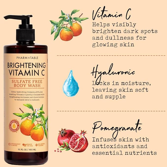 PHARM TO TABLE Brightening Vitamin C Body Wash for Women and Men - Brightens and Nourishes the Skin, Sulfate Free, 100% Cruelty Free, 480ml