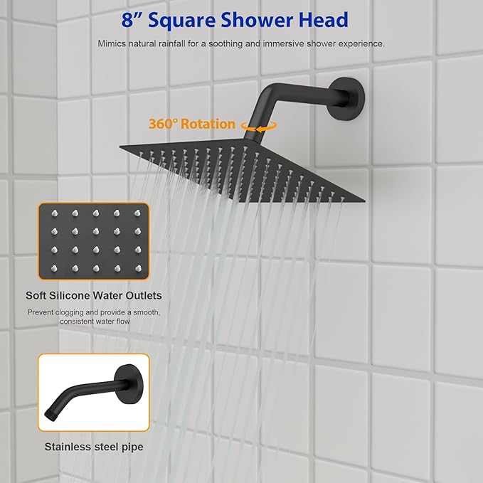 Dcolora Rainfall Shower System with Handheld, Matte Black Shower Faucet Set for Bathroom, Brass Valve, 304 Stainless Steel, Anti-Scald cUPC Certified (Matte Black, 8 Inch)