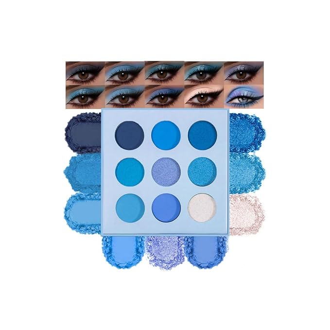 9-Color Blue Eyeshadow Palette–High Pigment Matte Shimmer Glitter Eyeshadow Palette in Navy, Aqua, Teal & Silver Shades,Long-Lasting Waterproof, Blendable for Creative & Everyday Looks
