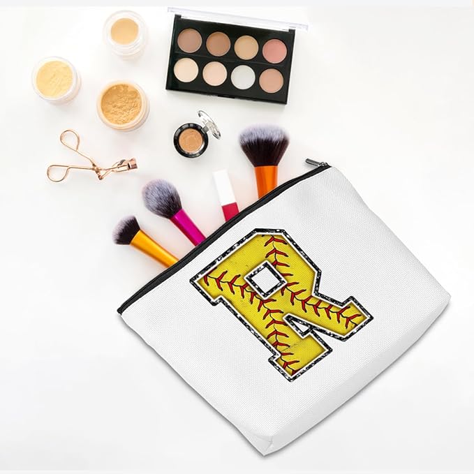 CQM Softball Gifts Initial Makeup Bag Monogrammed Cosmetic Bag Yellow Letter R Zipper Pouch Softball Accessories for Girls Women Player Coaches Friend Graduation Birthday Gifts