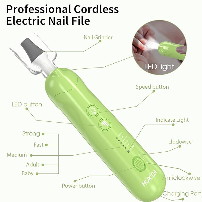 Professional Manicure Pedicure Kit, Cordless Electric Nail File Set, Rechargeable Pedicure Tools for feet, 5 Speeds Hand Foot Care Nail Drill for Thick Nail Toenail Cuticle Women Men Baby Pets-Green