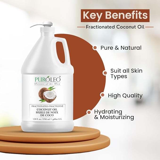 PUROLEO Fractionated Coconut Oil 128 Fl Oz/3784 ML (Packed in Canada) 100% Natural and odorless Moisturizer & Carrier Oil l Hair Skin Body, Aromatherapy, Massage, Makeup Remover