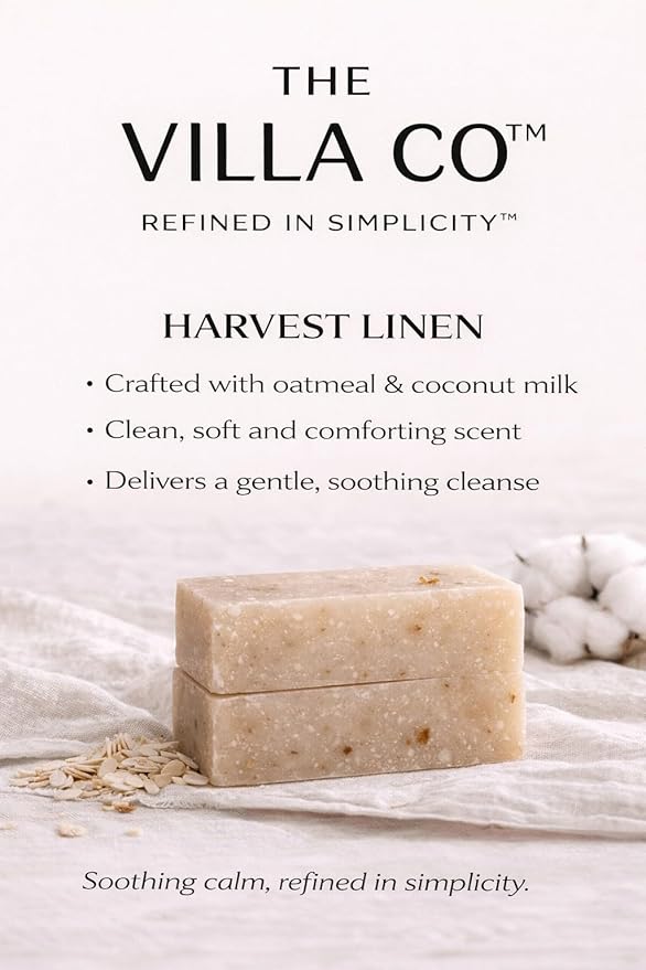 The Villa Co - Harvest Linen | 4.5oz Exfoliating Body Bar for Women & Men | Artisan Made in USA | Natural Ingredients