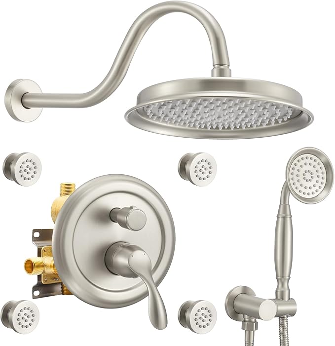 DASAN Antique Shower Faucet Sets Complete Rain Shower System in Wall with Body Shower Spray Jets, Brushed Nicke Shower Fixtures with Rainfall Overhead Shower, Handheld, Valve & Trim Kit, AT249W-BN