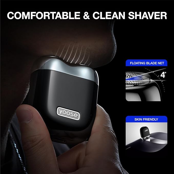yoose Alloy Mini Shaver, Portable Electric Razor for Men, IPX7 Waterproof, Dry Shave, USB-C Rechargeable, Easy to Clean Magnetic Detachable Head, Cordless Electric Shaver, 60 Mins Runtime, Black