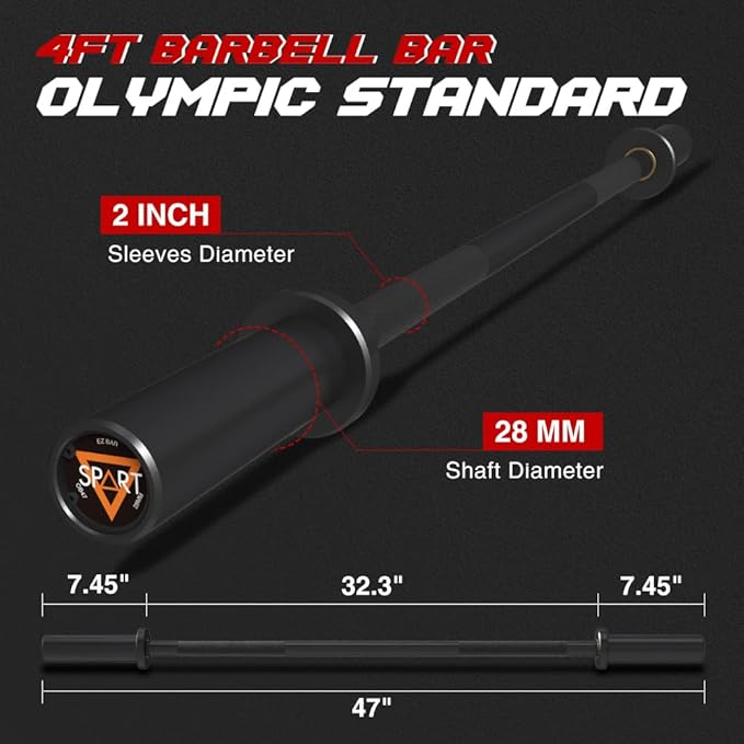 4FT Olympic Barbell Bar 47Inch Straight 2 Collars, 500Lbs Capacity 2 Inch