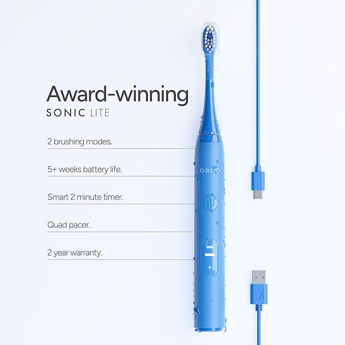ORDO Lite Sonic Toothbrush, Electric Toothbrushes with 35,000 Pulses Per Min, Dual Modes, Over 5 Weeks Battery, Smart Timer, Waterproof, USB C, Sky