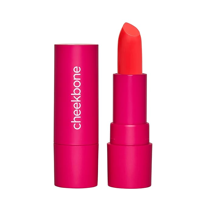 Cheekbone Sustain Lipstick, Vibrant Coral Pink Shade, Creamy Satin Lip Color with Buildable Pigment, Long-Wear, Moisturizing Formula with Organic Castor Oil, Eco-Conscious, Vegan, 0.14 oz.