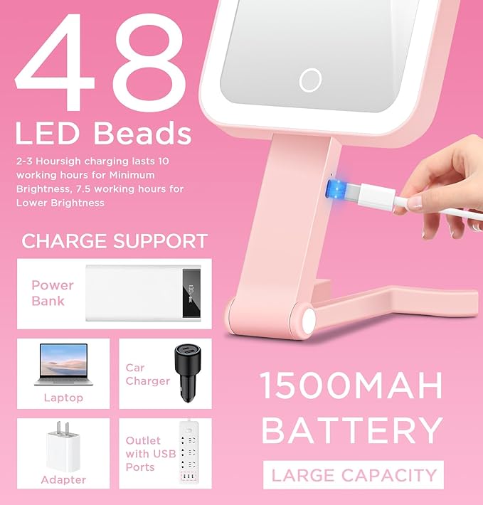 EAONE Travel Makeup Mirror with Lights, Double Sided Magnifying Vanity Mirror 10X/1X with 3 Color Lighting & Dimmable Touch Screen, Compact Handheld Cosmetic Mirror for Bathroom, Women Gifts (Pink)