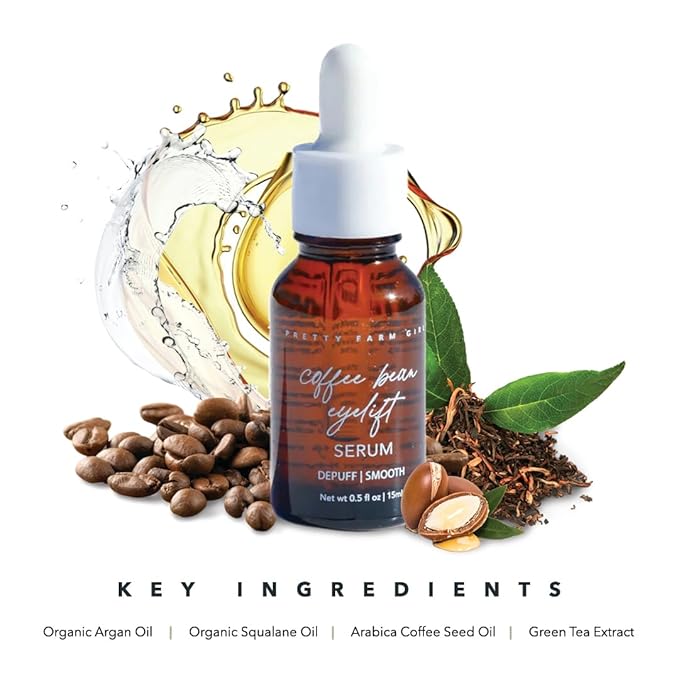 Pretty Farm Girl Coffee Bean Eye Serum – Depuffing & Smoothing Formula with Organic Extract – Lightweight Hydrating Dropper Serum for Dark Circles & All Skin Types - 0.5 oz