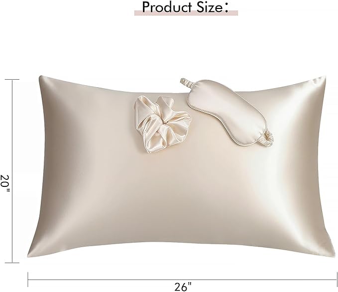 KISMETICS - Vegan Silk Sleep Set, Vegan Silk Pillowcase with Large Scrunchie and Eye Mask for Hair and Skin, Self Care Essential Satin Night Routine Kit (Champagne Color)