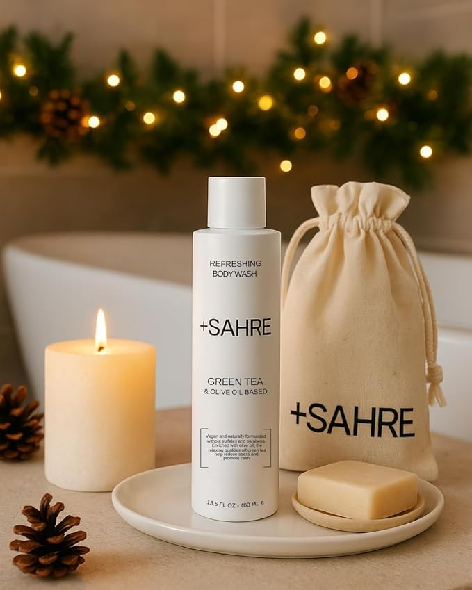 +SAHRE Natural Body Wash – Olive Oil & Green Tea | Antioxidant-Rich | Vegan, Paraben-Free | 13.5 fl oz