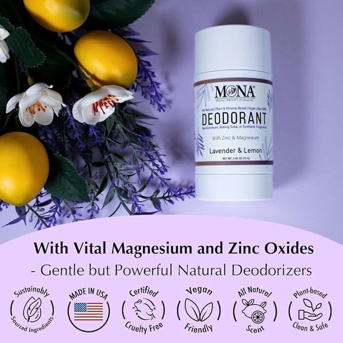 MONA BRANDS All Natural Magnesium Deodorant for Women & Men | Aluminum, Baking Soda, & Synthetic Fragrance Free for Sensitive Skin (Lavender Lemon) 2.65oz