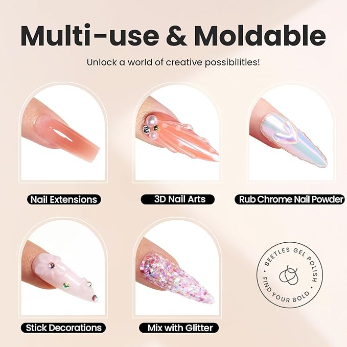 Beetles 3D Gel Nail Art-Snowy Cone 5 in 1 Non-Sticky Hand Extension with Rhinestones & Pearls & Glue Double-Head Pen for Women DIY Salon,White Solid Builder Nail Gel, UV&LED Lamp Cured Needed