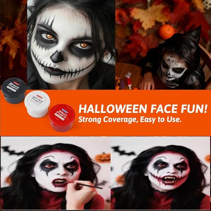 3 Color water-based Face Body Paint Set （Black + White + Red )with Brushes Kits Non-Toxic Easy Washable ,for Adults Halloweens Partys Cosplays Joker Zombie Vampire SFX Art Stage Makeup Adults