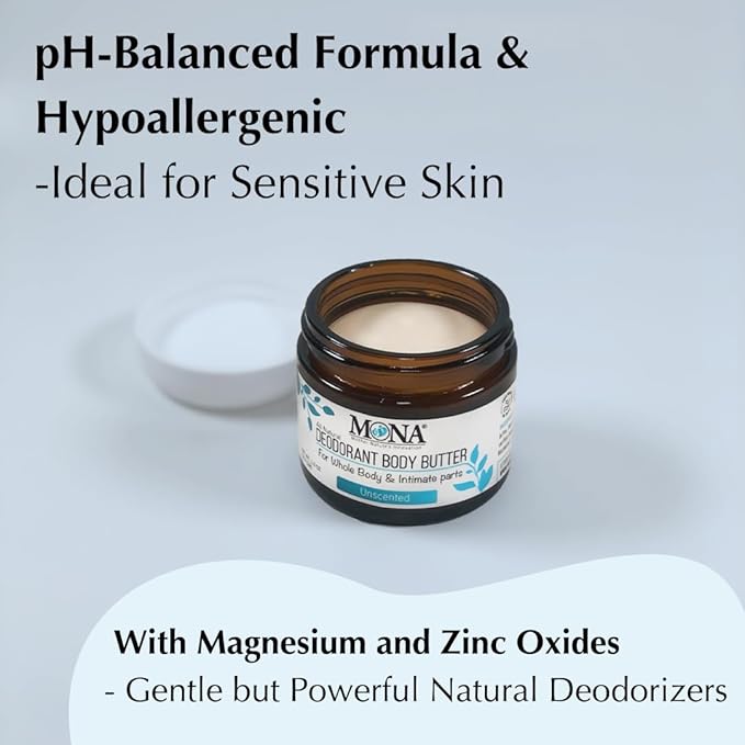 MONA UNSCENTED All Natural Deodorant for Whole Body & Intimate Parts | Hypoallergenic & Safe for Women & Men with Sensitive skin | No Aluminum, Baking Soda or Synthetic Fragrance | Unscented, 2.0 Oz