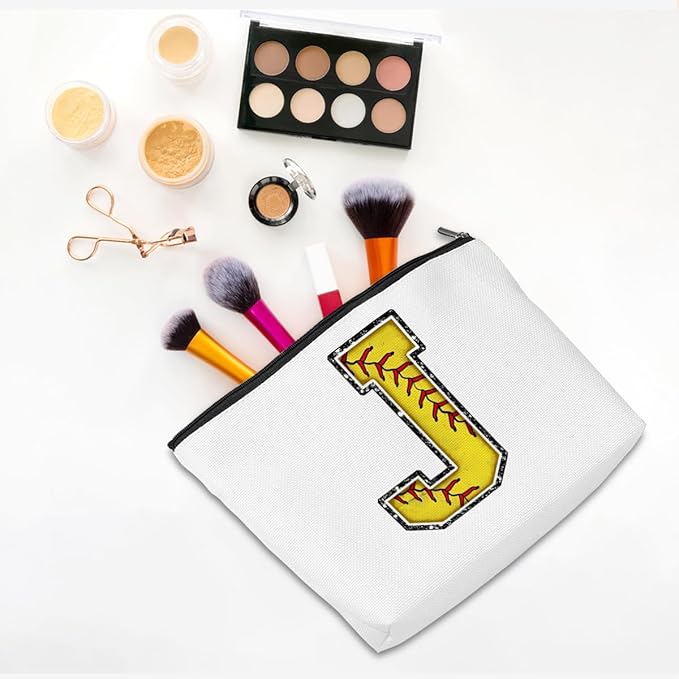 CQM Softball Gifts Initial Makeup Bag Monogrammed Cosmetic Bag Letter J Zipper Pouch Softball Accessories for Girls Women Player Coaches Friend Graduation Birthday Gifts