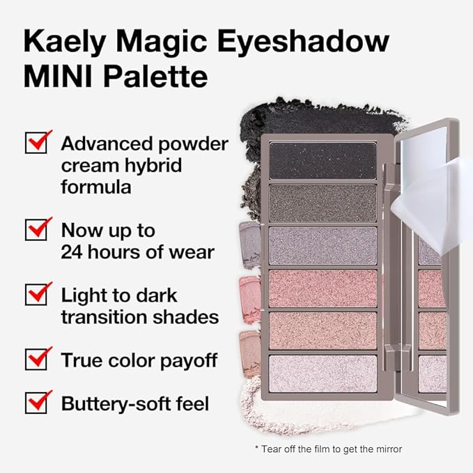 6 Colors Travel Eye Shadow Palette Makeup, Black Dark Smoky Grey Nude Pink Rose Champagne Gold Pearl White Sparkly Shimmer Glitter High Pigment Mini Eyeshadow Palette for Older Women, Built in Mirror