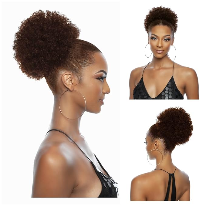 Afro Puff Drawstring Ponytail Extension for Black Women Girls, Human Hair Brown 4# Afro Kids Short Wigs 6 Inch Afro Puff Ponytail, Clip On Kinky Drawstring Curly Ponytail Messy Hair Bun Hairpieces
