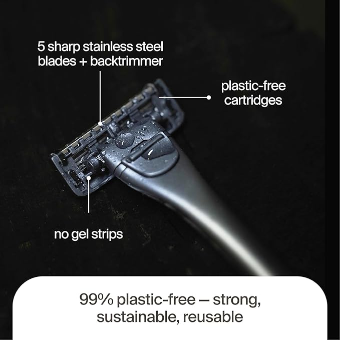 Pro – Plastic-Free Razor | 1 Handle + 2 Plastic-Free Cartridges With 5 Precision Blades | (Face)