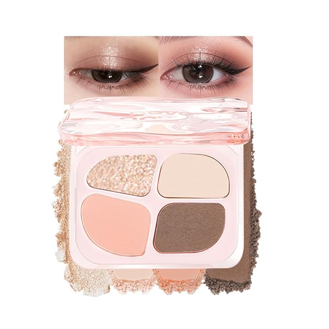 Peach Nude Mini Eyeshadow Palette – 4-Color Apricot & Cream Beige Matte Shades with Champagne Gold Glitter, High Pigment Long-Lasting Blendable Warm Brown Soft Glam Eye Shadow for Daily Natural Makeup