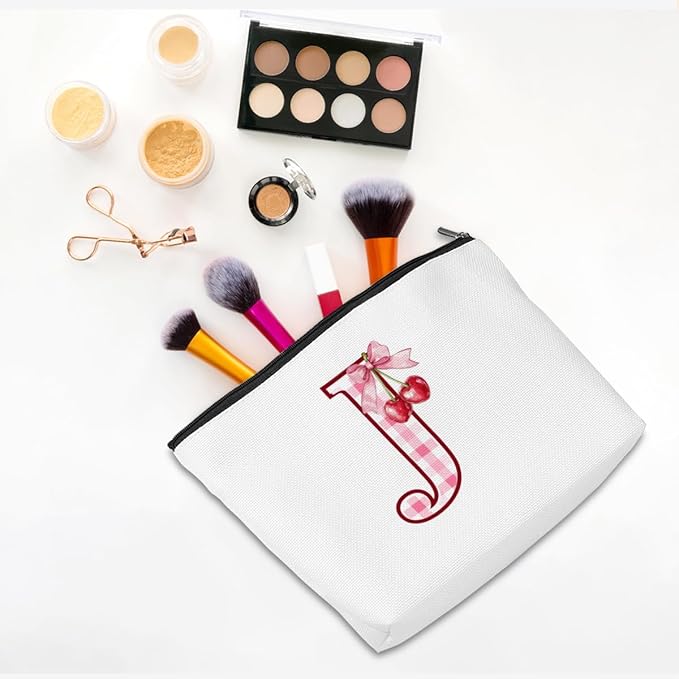 CQM Initial Makeup Bag Monogram Cosmetic Bag Monogrammed Gifts for Women Girls Friends Coworker Nurse Personalized Travel Toiletry Bag Christmas Bridal Shower Wedding Bridesmaid Gifts, Cherry J