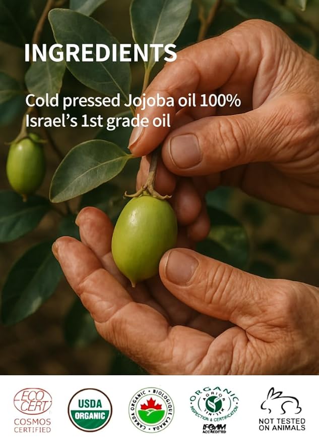BEAUDIANI Organic jojoba Oil 100ml (3.38 fl.oz) 100% Pure Organic Natural Golden Oil, Cold Pressed Virgin, Vitamin E Oil, Moisturizer for Skin, face, Body, Hair, Nail, Israel Origin