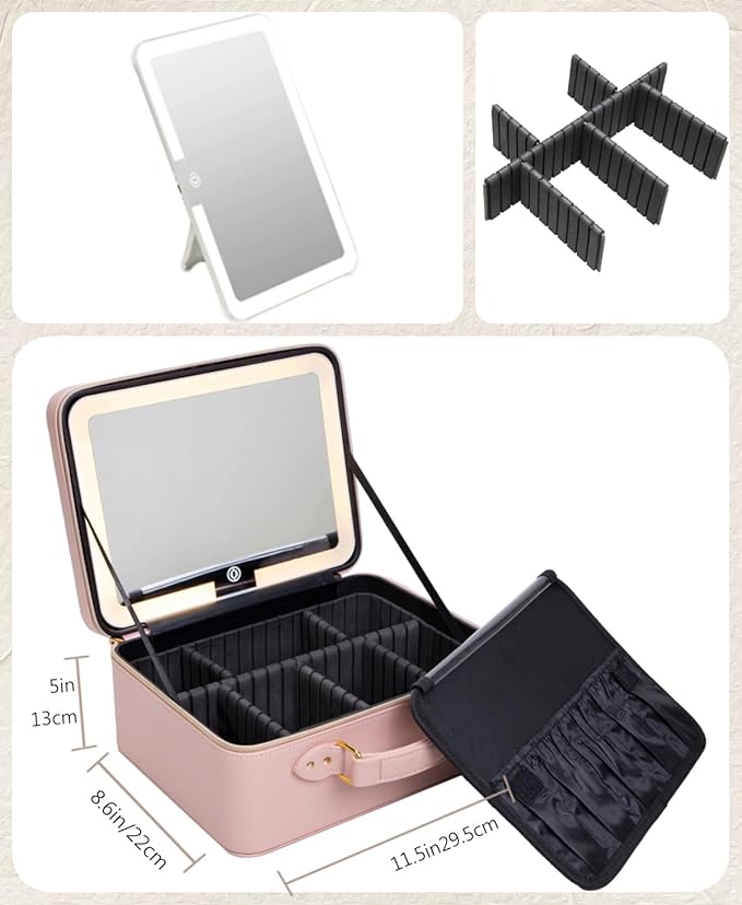 ZhenGuiRu Makeup Bag with LED Mirror, Portable Makeup Artist Organizer Case with Lighted Mirror, Travel Makeup Bag for Women Cosmetic Brush Holder Storage, Pink Makeup Gift for Girls