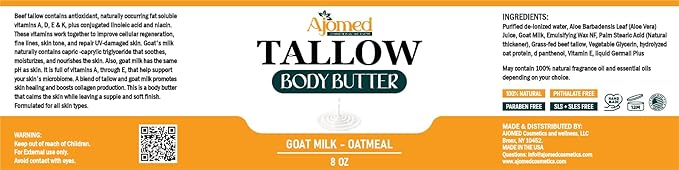 AJOMED COSMETICS Tallow and goat milklBody Butter, Natural Moisturizing Cream for Dry, Itchy, Cracked Skin, Handmade Diaper Rash (Unscented)
