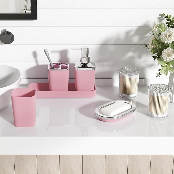 XLHOMO Pink Bathroom Accessories Set, 9PCS Pink Bathroom Accessory Sets Complete with Trash Can, Tray,Soap Dispenser,Soap Dish,Toothbrush Holder,Cup,Toilet Brush and Qtip Holders for Housewarming