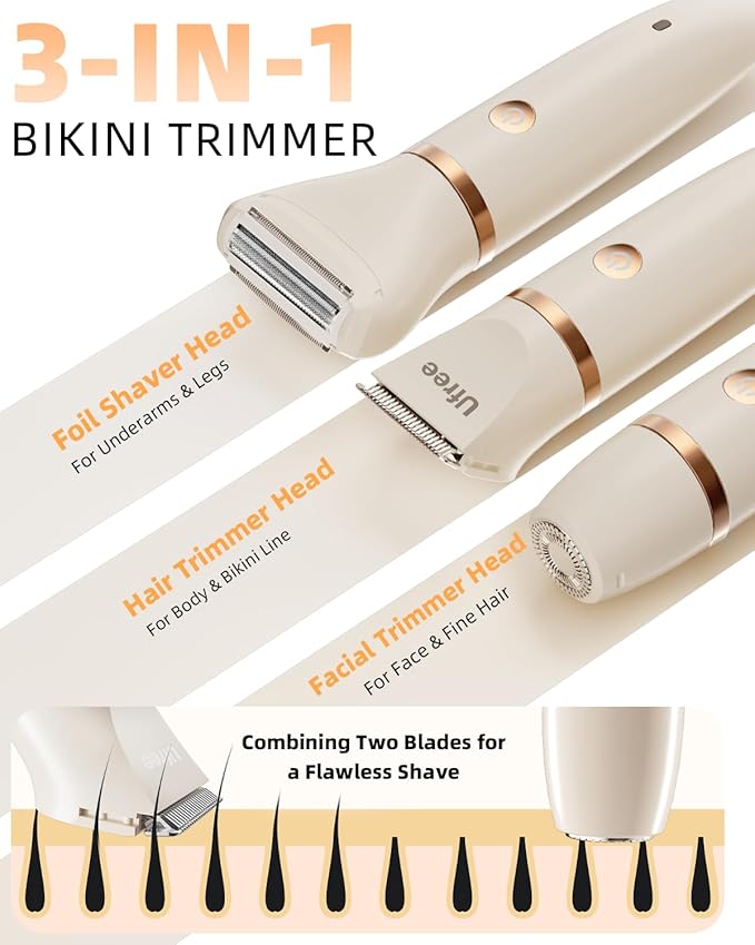 Ufree Bikini Trimmer Electric Razors for Women, Rechargeable Pubic Hair Trimmer Electric Shaver for Legs Body Hair, Bikini Shaver IPX7 Waterproof, White