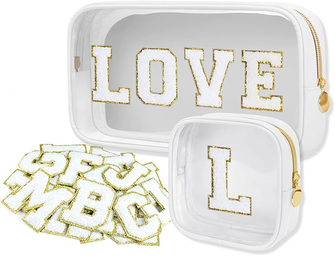 GODEAGLE Personalized Travel Makeup Bag Set, 2PCS Toiletry Bag & 26 Chenille Letters, Elegant Skincare Bag, DIY Bridal Shower Gifts for Engagement Wedding (White)