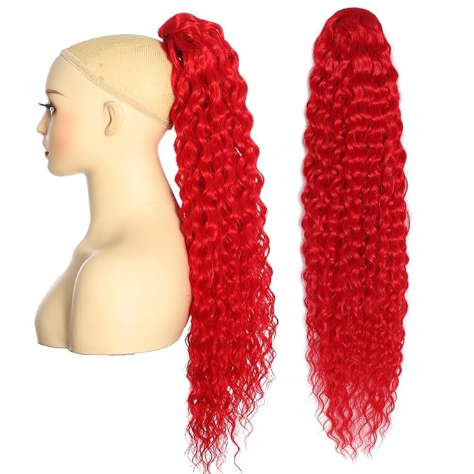 Deep Wave Ponytail Extension for Women 24 Inch Red Curly Wavy Ponytail Hair Extensions Drawstring with Clips Short Synthetic Hairpiece for Daily and Party