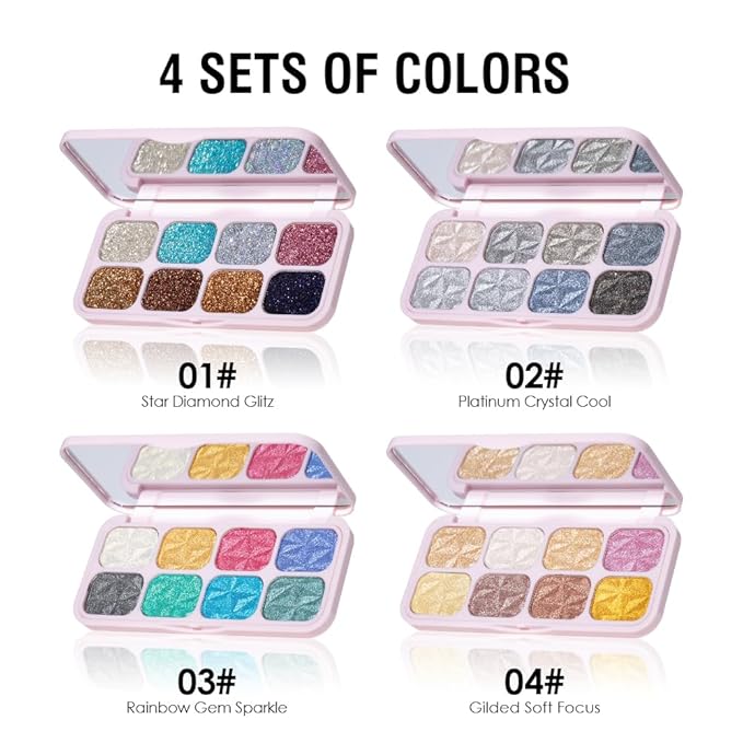 8-Color Eyeshadow Palette, Platinum Crystal Cool, Silver Gray Metallic Shimmer Shades, Long-Lasting Waterproof Formula, Smooth Blendable Eye Makeup for Elegant & Cool Tone Looks