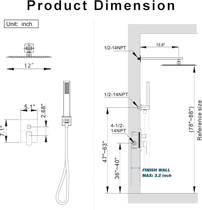HoliSpa Shower System, Black Shower Faucet Set with 12-Inch Rain Showerhead and Handheld Spray, Wall Mounted High-Pressure Showerhead Combo Set Included Valve and Trim, Matte Black