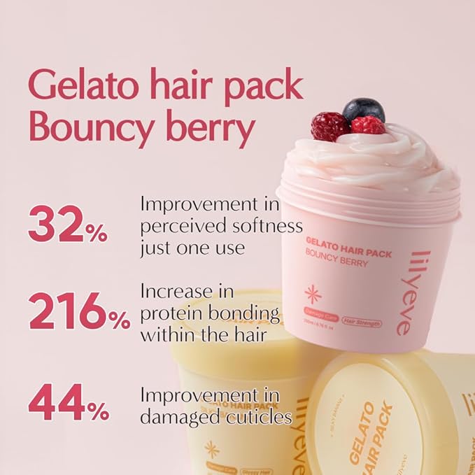 lilyeve REPAIRTURN Gelato Hair Pack, Milk, Egg & Protein for Hair Repair, Hair Mask for Split End Smoothing, Damaged Hair Treatment, Boost Hair Elasticity - Korean Hair Care, Bouncy Berry 6.76 fl.oz