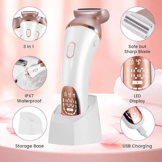 Electric Razor Bikini Trimmer for Women Rechargeable Painless Shaver for Body Hair IPX7 Waterproof Cordless LED Display for Women Underarm Public Hairs (Gold)