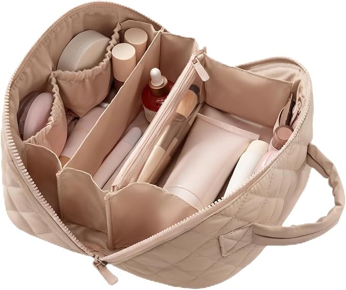 IrisCargo Makeup Bag for Woman, Travel Makeup Bag, Wide Open Lay-Flat Water-Resistant Cosmetic Case, Puffy Padded Organizer for Toiletries & Brushes Large Capacity with Compartments (Khaki)