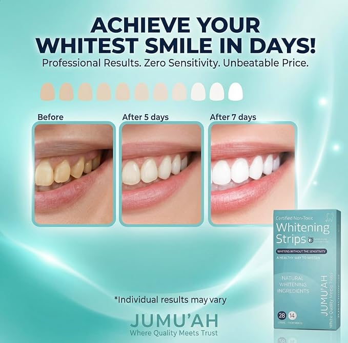 Jumu’ah Teeth Whitening Strips - 14 Treatments - 28 Strips - Enamel Safe - Certified Non-Toxic Teeth Whitening | Whitens Without Sensitivity