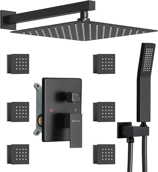 DASAN Full Body Shower System with 6 PCS Body Spray Jets & 12'' Rain Overhead Shower & Handheld, In-Wall Rain Shower System Matte Black Shower Faucets Sets Complete with Valve, SA-SS03AMB-S12W
