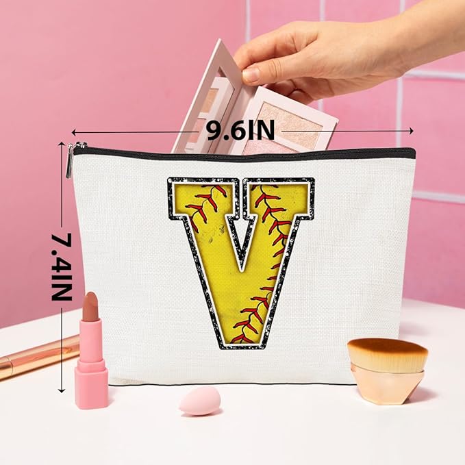 CQM Softball Gifts Initial Makeup Bag Monogrammed Cosmetic Bag Letter V Zipper Pouch Softball Accessories for Girls Women Player Coaches Friend Graduation Birthday Gifts
