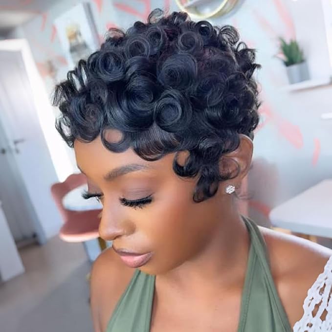 Short Curly Wig Human Hair for black women Short Layered Pixie Wigs Brazilian Virgin Curly Wavy Haircut Glueless pixie cut wig With Bangs Natural Black Color for Daily Use