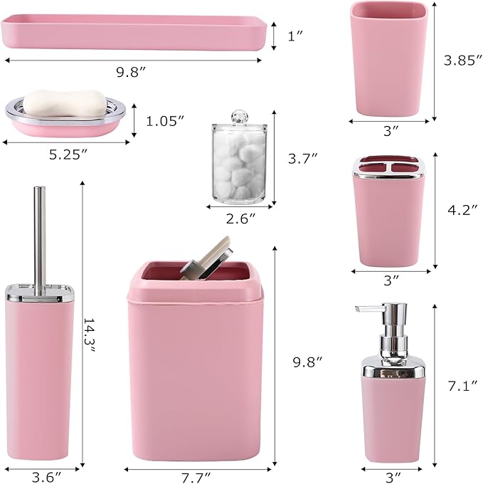 XLHOMO Pink Bathroom Accessories Set, 9PCS Pink Bathroom Accessory Sets Complete with Trash Can, Tray,Soap Dispenser,Soap Dish,Toothbrush Holder,Cup,Toilet Brush and Qtip Holders for Housewarming