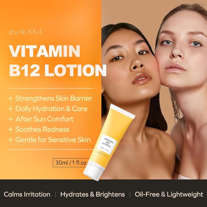 pure.tiful Vitamin B12 Lotion (1 oz) | Repair & Hydrating Cream for All Ages （teen & adult| Soothes Redness, After-Sun Skin Relief, Strengthens Barrier, Sensitive Skin Safe