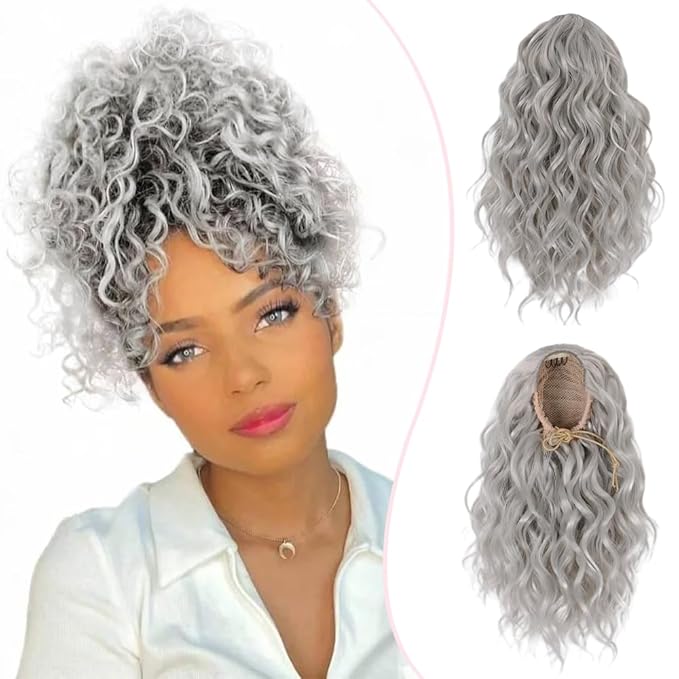 Short Deep Wave 10 Inch Drawstring Ponytail for Women Curly Ponytail Hair Extension Curly Deep Wave Hair Ponytail for Daily Use(Grey)