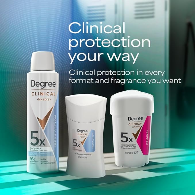 Degree Clinical Strength Antiperspirant Deodorant 96-Hour Sweat and Odor Protection Fresh Cotton Invisible Solid 5x Types of Sweat 1.6 oz